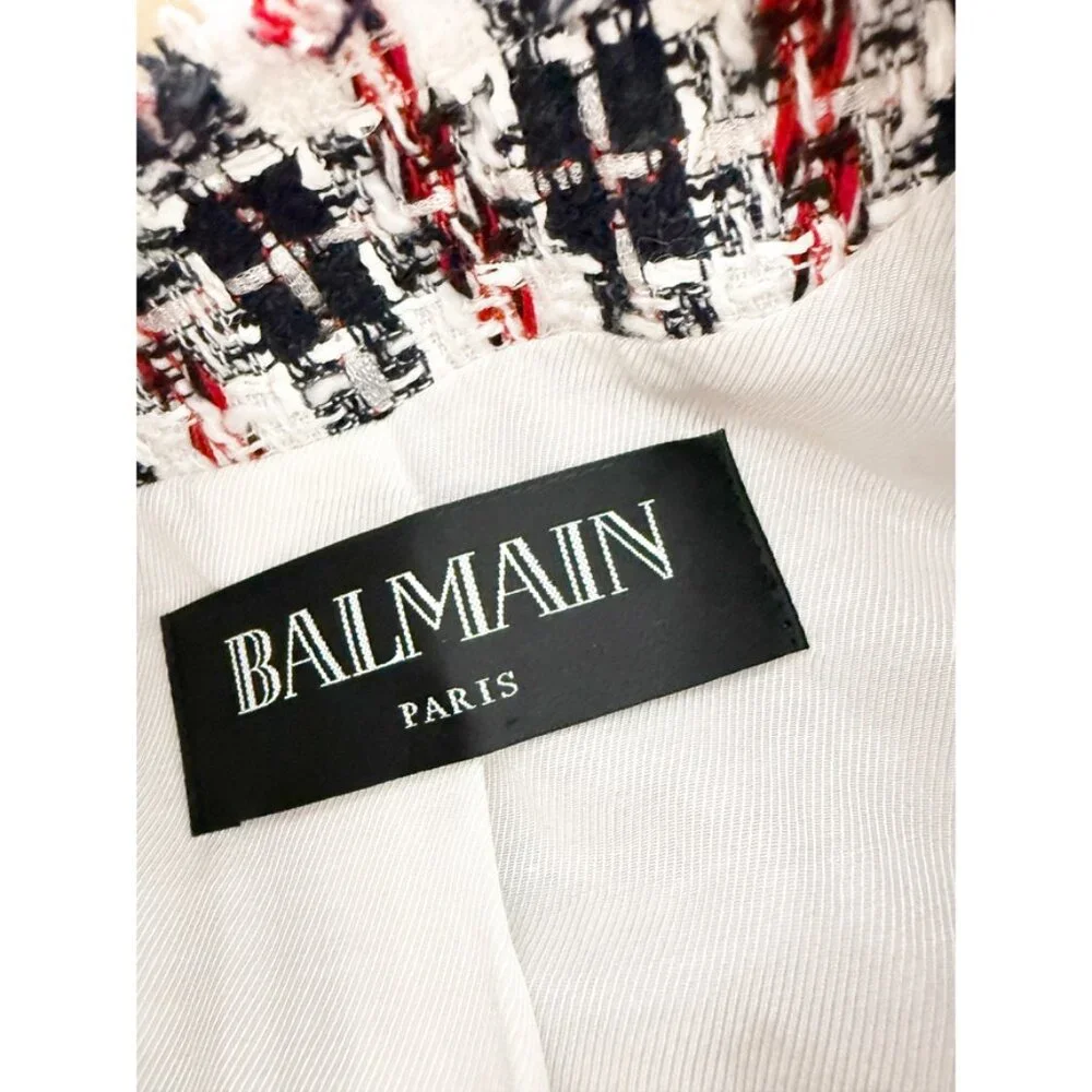 Balmain White Red Navy Silver Lion Button Tweed Blazer Jacket Sz FR 38 US 6 - Picture 4 of 6